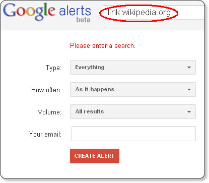 Create a Google Alert to get email updates when people link to your site