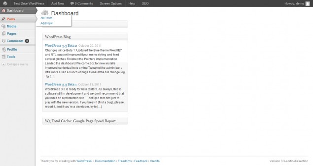 WordPress 3.3 flyout menus