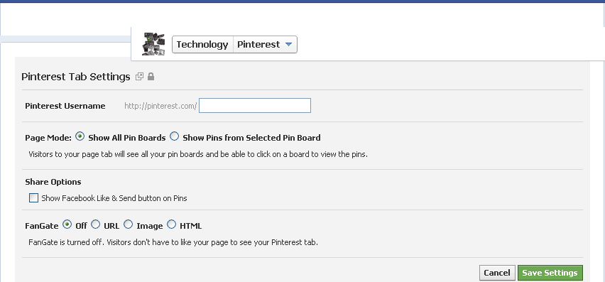 Add Pinterest Tab to Facebook Fan page.