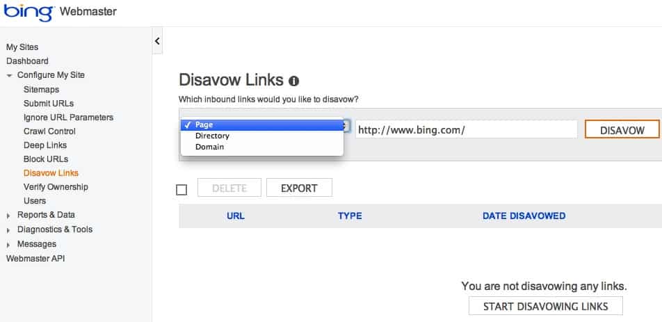 Bing Disavow Links