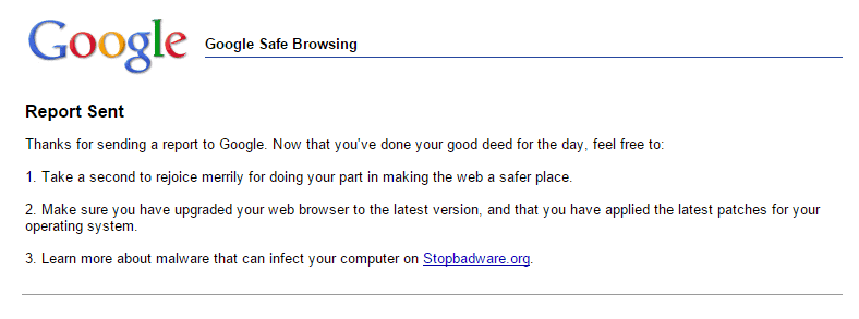 Google Safe Browsing Report Sent