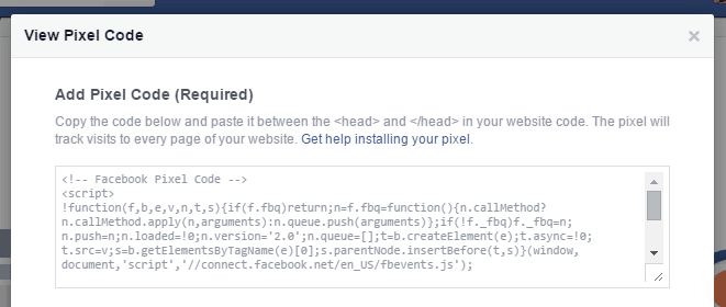 Pixel script. Add Facebook Pixel tracking code to site.