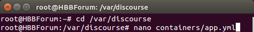 Terminal SSH Discourse Nano Edit App YML File